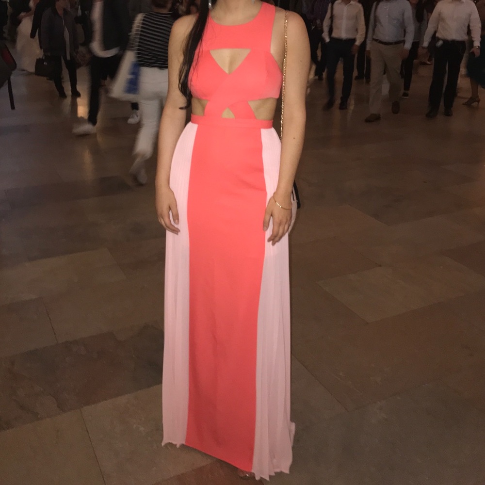 BCBG coral and pink cutout gown